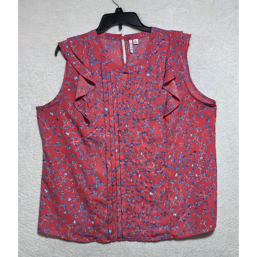 Elle Women's XL Pink Blue Floral Ruffle Pintuck Sleeveless Blouse Top